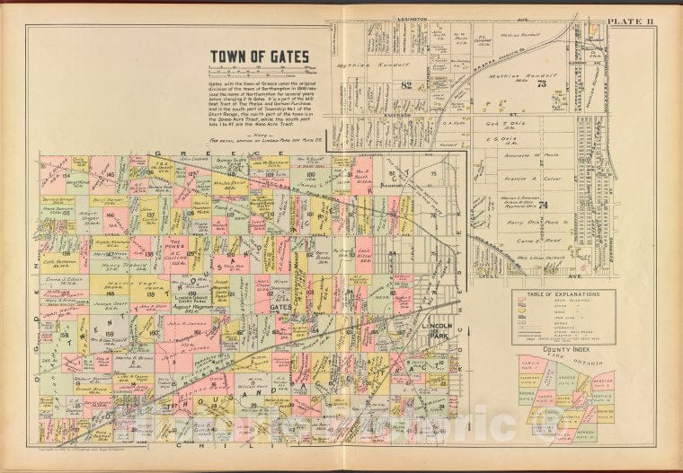 Historic 1902 Map - Monroe County, Double Page Plate No. 11 [Map Of Town Of Gates] - Vintage Wall Art