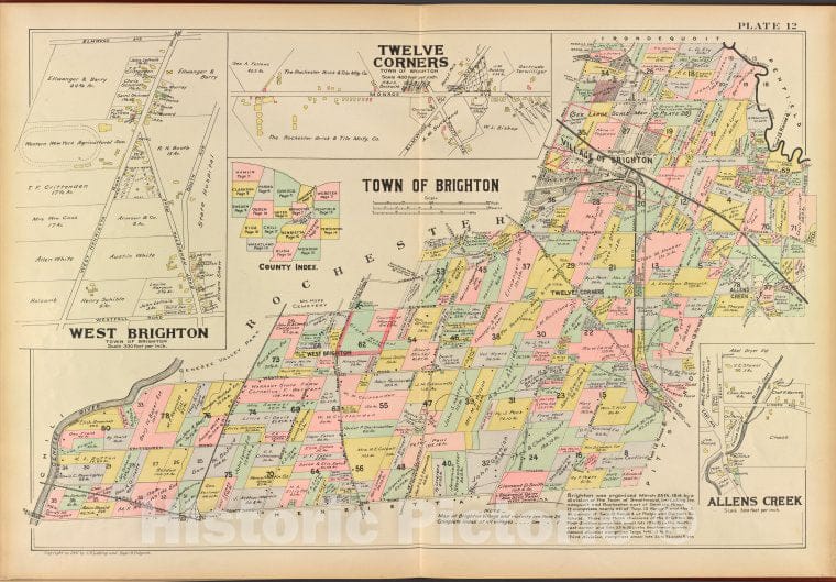 Historic 1902 Map - Monroe County, Double Page Plate No. 12 [Map Of Town Of Brighto - Vintage Wall Art