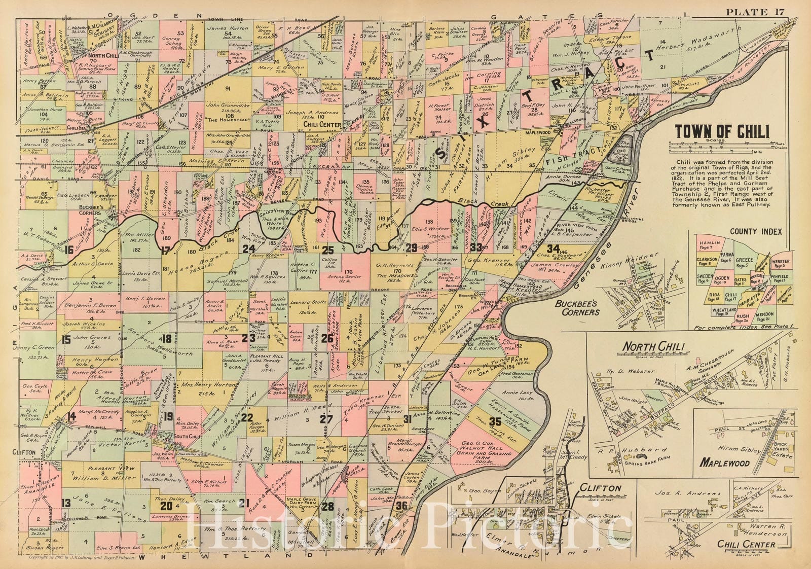 Historic 1902 Map - Monroe County, Double Page Plate No. 17 [Map Of Town Of Chili, Vintage Wall Art