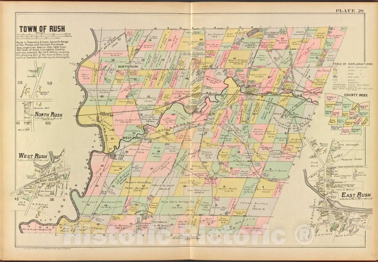 Historic 1902 Map - Monroe County, Double Page Plate No. 20 [Map Of Town Of Rush, N - Vintage Wall Art