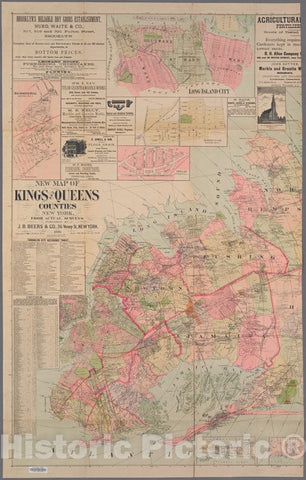 Historic 1886 Map - New Map Of Kings And Queens Counties : From Actual Surveys. - Brooklyn (New York, N.Y.) Maps Of New York City And State - Brooklyn - Vintage Wall Art