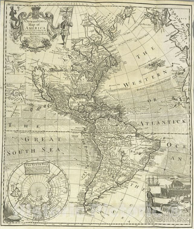 Historic Map - 1738 A New And Correct Map Of America : Laid Down According To The Accurate Improvements Of Senex, Moll, And Other Modern Geographers. - Vintage Wall Art