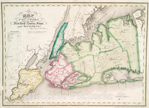 Historic 1829 Map - Map Of The Counties Of New York, Queens, Kings, And Richmond. - Vintage Wall Art