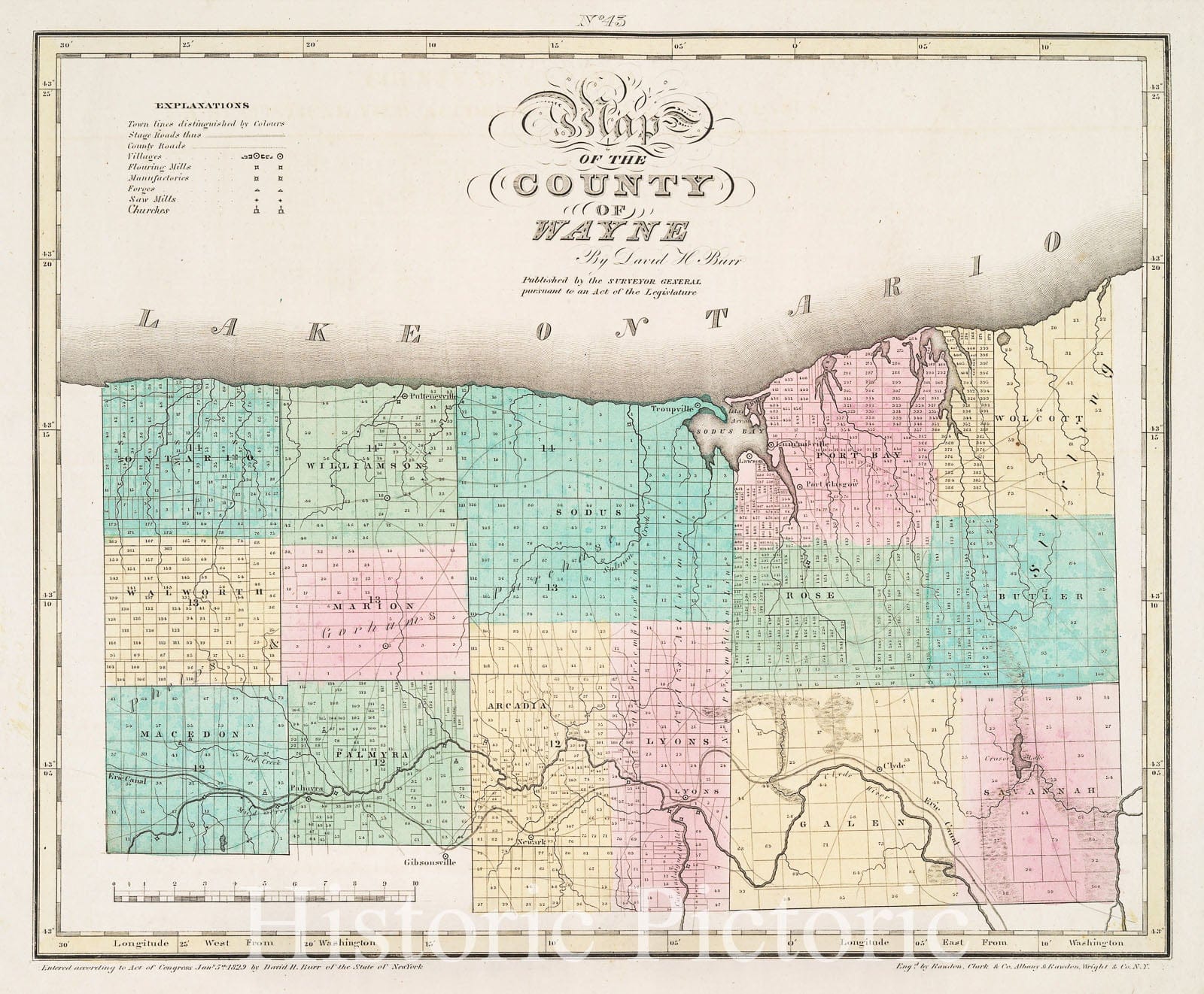 Historic 1829 Map - Map Of The County Of Wayne - New York (N.Y.) - New York (State) - Wayne County - Wayne County (N.Y.) - Atlases Of The United States - Vintage Wall Art