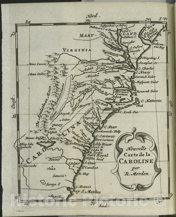 Historic Map - 1688 L'Amerique Angloise, Ou Description Des Isles Et Terres Du Roi D'Angleterre, Nouvelle Carte De La Caroline - Vintage Wall Art