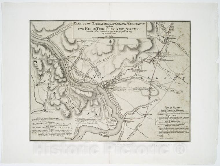 Historic Map - 1777 Plan Of The Operations Of General Washington Against The Kings Troops In New Jersey : From The 26Th Of December, 1776, To The 3D January, 1777 - Vintage Wall Art