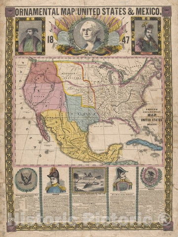 Historic 1847 Map - Ornamental Map Of The United States & Mexico - Mexico - Maps - United States - Maps Of North America. - Vintage Wall Art