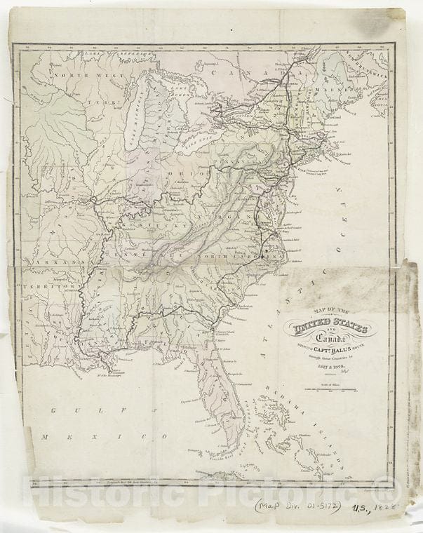 Historic Map - 1829 Map Of The United States And Canada : Shewing Captn. Hall'S Route Through Those Countries In 1827 & 1828 - Vintage Wall Art