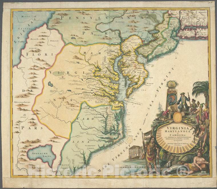 Historic Map - 1714 Virginia, Marylandia Et Carolina In America Septentrionali Britannorum Industria Excultae - Vintage Wall Art