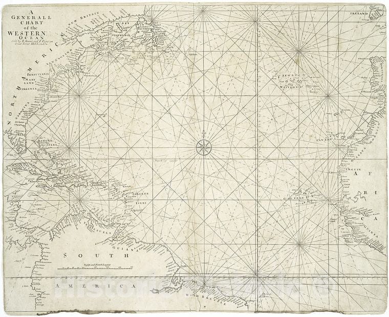 Historic 1713 Map - A Generall Chart Of The Western Ocean. - Atlantic Ocean - Atlantic Ocean - Maps - Early Works To 1800 - Charts And Maps - Vintage Wall Art