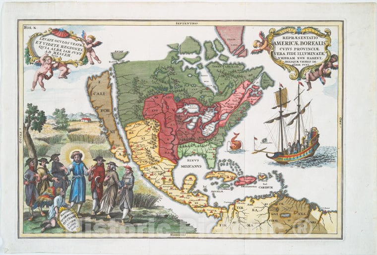 Historic Map - 1703 Repraesentatio Americae Borealis : Cvivs Provinciae Vera Fide Illvminatae Vmbram Non Habent Reliqvae Vmbris Immersae Svnt. - Vintage Wall Art