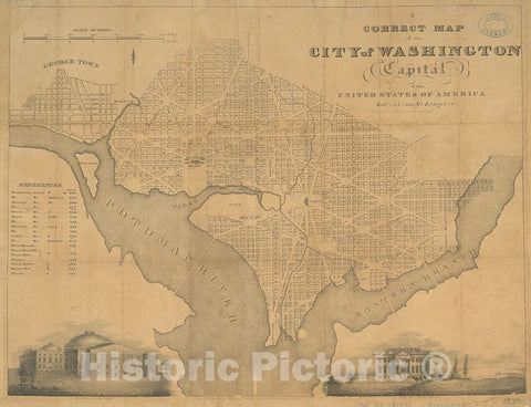 Historic Map - 1820 Georgetown, A Correct Map Of The City Of Washington : Capital Of The United States Of America : Lat. 38.53 N, Long. 0.0 - Vintage Wall Art