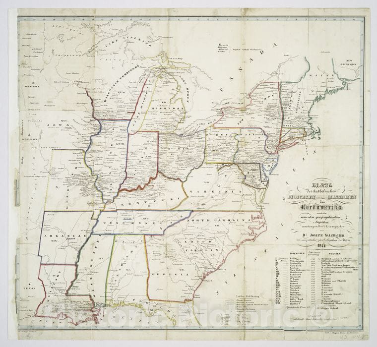 Historic 1845 Map - Karte Der Katholischen Dioecesen Und Deren Missionen In Nordamerika - United Statesmaps Of North America. - Vintage Wall Art