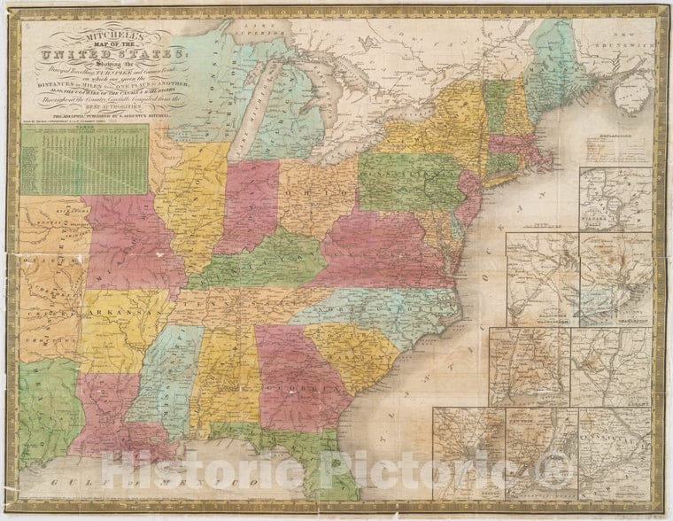 Historic Map - 1839 Mitchell'S Map Of The United States : Showing The Principal Travelling Turnpike And Common Roads - Vintage Wall Art