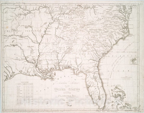 Historic 1824 Map - Southern Section Of The United States, Including Florida &C. - Southern States - Maps Of North America. - Vintage Wall Art