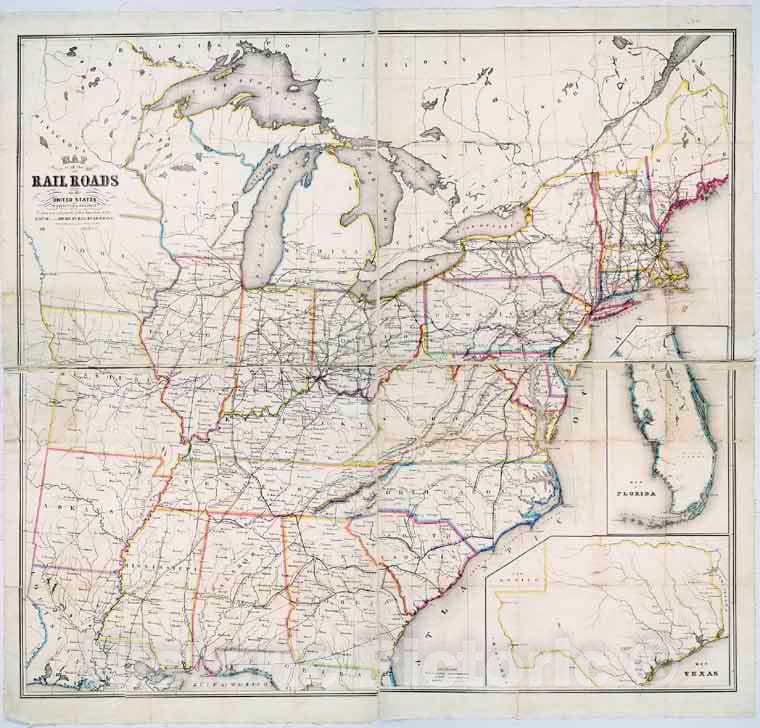 Historic 1850 Map - Map Of All The Railroads In The United States In Operation & Progress - United Statesmaps Of North America. - Vintage Wall Art