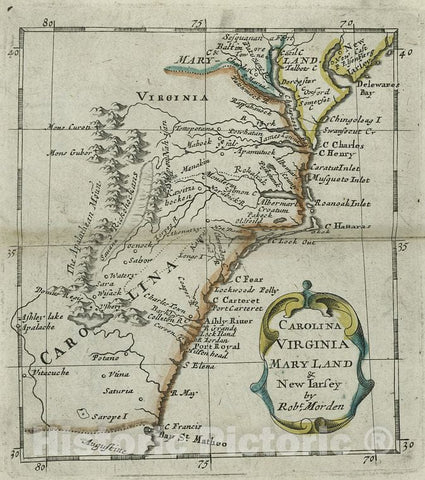 Historic Map - 1680 Middle Atlantic States, Carolina, Virginia, Mary Land & New Iarsey - Vintage Wall Art