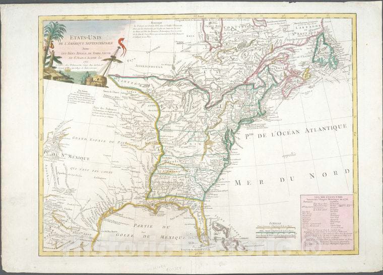 Historic 1785 Map - Etats-Unis De L'Amerique Septentrionale Avec Les Isles Royale, D - Vintage Wall Art