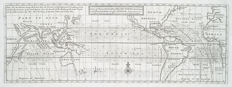 Historic 1711 Map - A View Of Ye General & Coasting Trade-Winds, Monsoons Or Ye Shif - Atlantic Ocean - Pacific Ocean- Charts And Maps - Vintage Wall Art