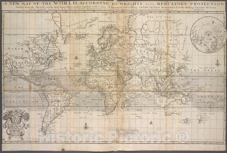 Historic 1705 Map - A New Map Of The World According To Wrights Alias Mercators Proj- Charts And Maps - Vintage Wall Art