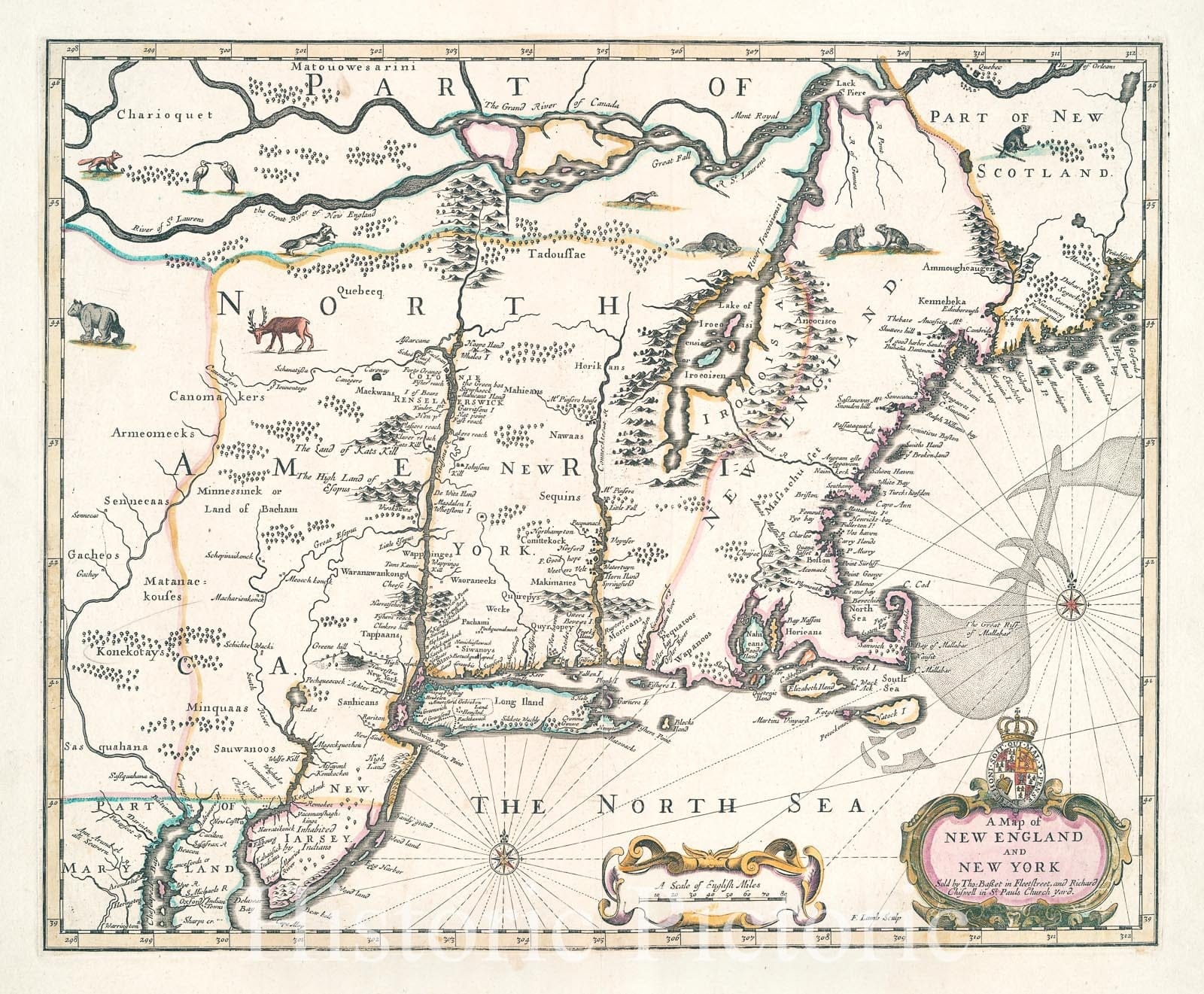 Historic 1676 Map - A Map Of New England And New York - New England - New Jersey - New York (State) Maps Of North America. - Vintage Wall Art
