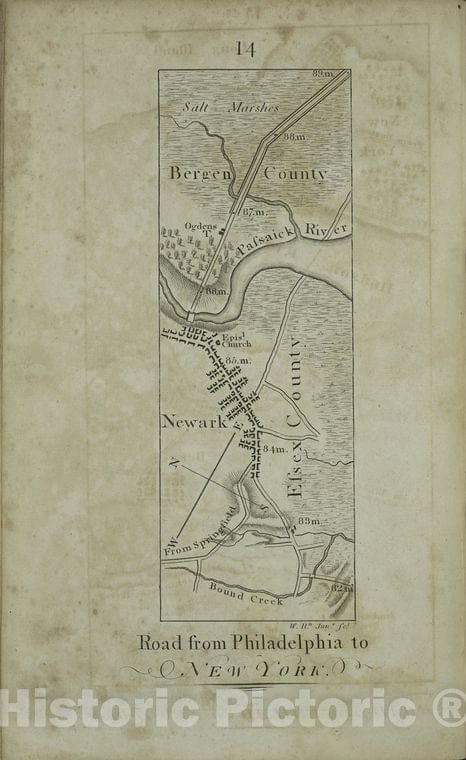 Historic Map - 1802 Philadelphia, Pennsylvania (Pa.), [Road From Philadelphia To New York, Seg. 14.] - Vintage Wall Art