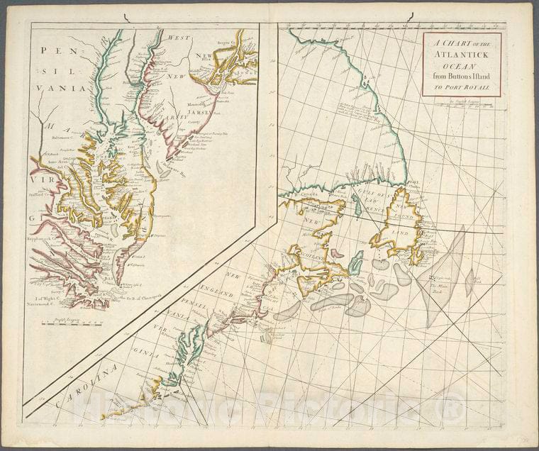 Historic Map - 1728 A Chart Of The Atlantick Ocean From Buttons Island To Port Royall. - Vintage Wall Art