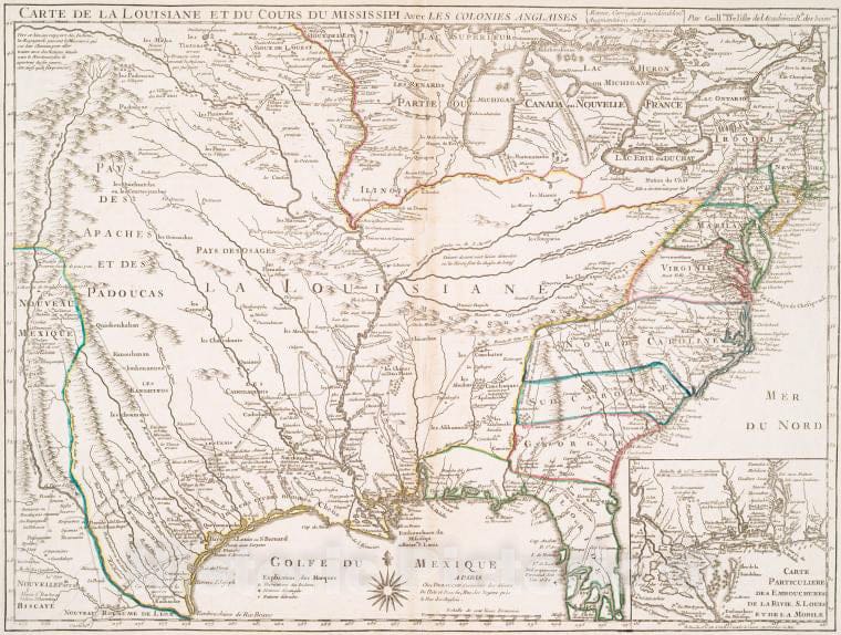 Historic Map - 1782 Carte De La Louisiane Et Du Cours Du Mississipi Avec Les Colonies Anglaises. - Vintage Wall Art