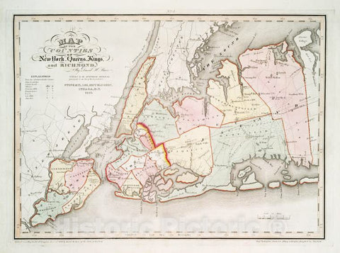 Historic 1841 Map - Map Of The Counties Of New York, Queens, Kings, And Richmond. - Vintage Wall Art