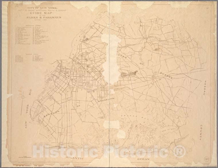 Historic Map - 1910 Guide Map To The Parks And Parkways Of Brooklyn And Queens Boroughs. - Vintage Wall Art