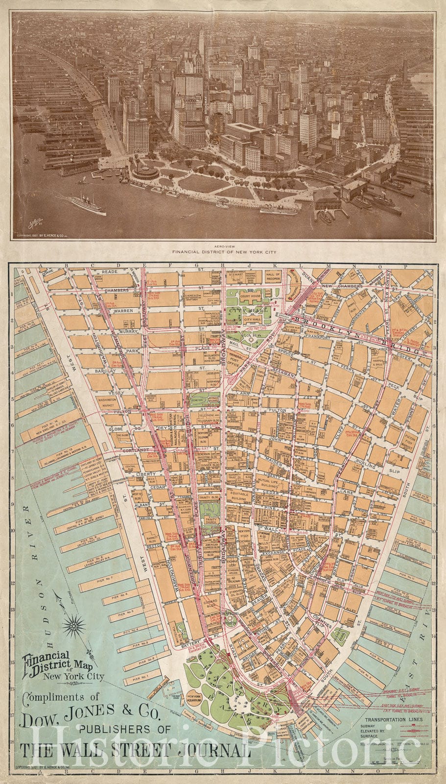 Historic 1921 Map - Financial District Map Of New York City. Aero View Of Financial Distrct Above Map.Of New York City And State - Manhattan - Vintage Wall Art