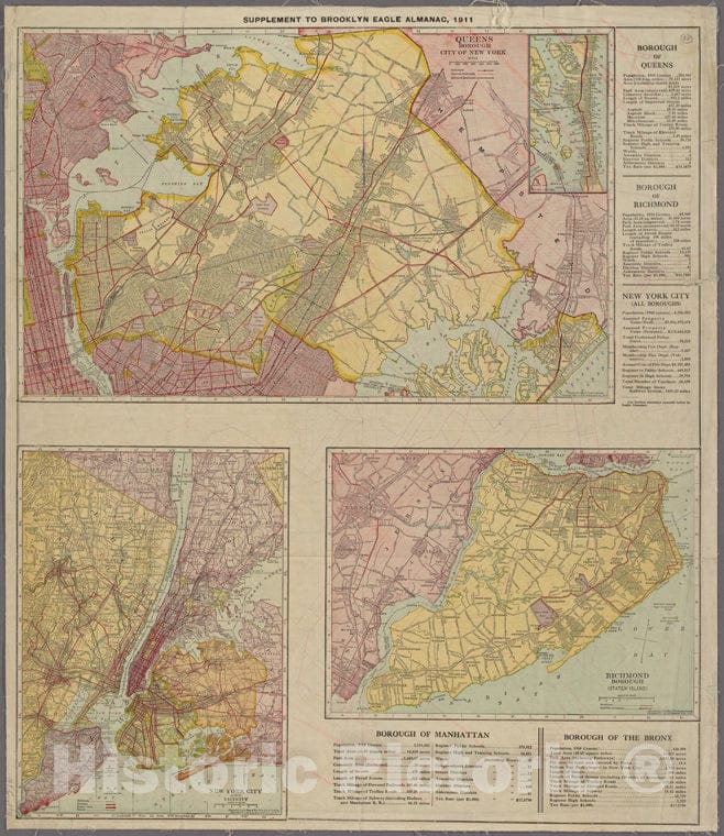 Historic Map - 1911 Manhattan (New York, N.Y.), Queens Borough, City Of New York. New York City And Vicinity. Richmond Borough (Staten Island) - Vintage Wall Art