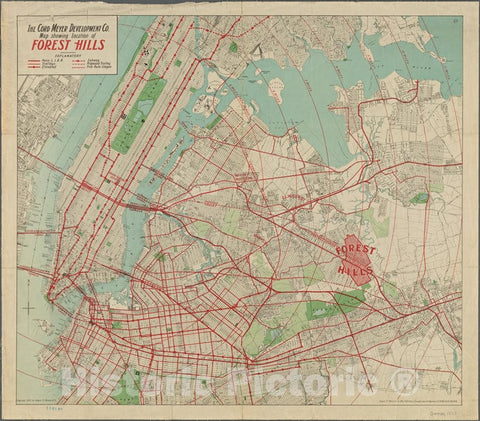 Historic 1908 Map - Thecord Meyer Development Co. Map Showing Location Of Forest Hills.Of New York City And State - Queens - Vintage Wall Art