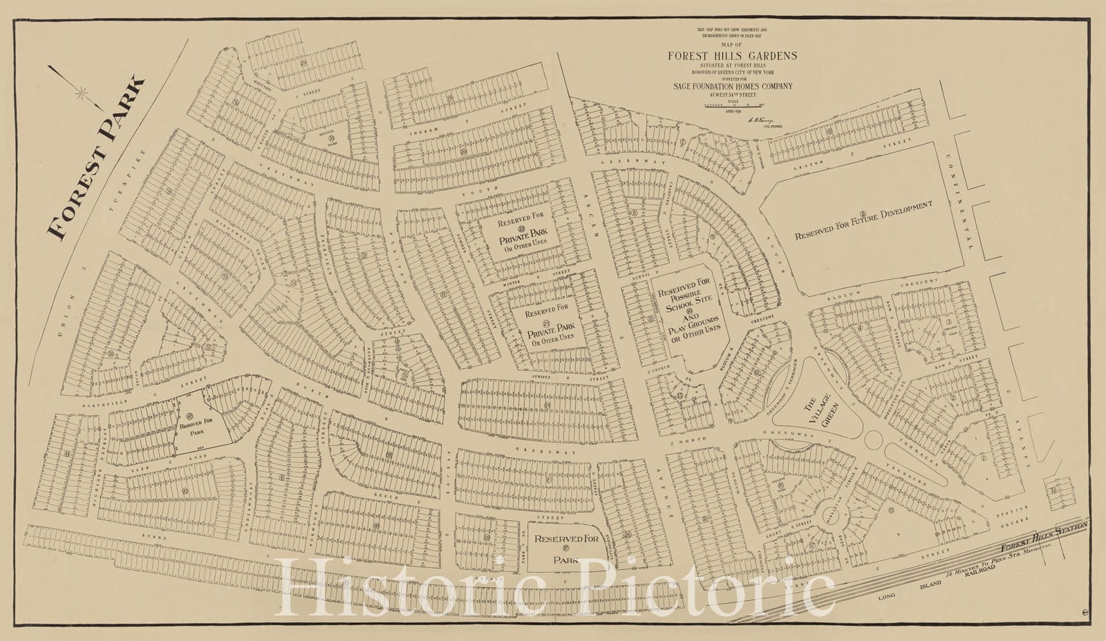 Historic 1911 Map - Map Of Forest Hills Gardens, Situated At Forest Hills, Borough Of Queens, City Of New York.Of New York City And State - Queens - Vintage Wall Art