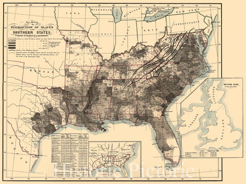 Historic 1860 Map - Map Showing The Distribution Of Slaves In The Southern States - - Vintage Wall Art