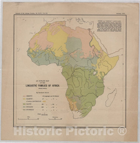 Historic 1913 Map - An Outline Map Of The Linguistic Families Of Africa - Vintage Wall Art