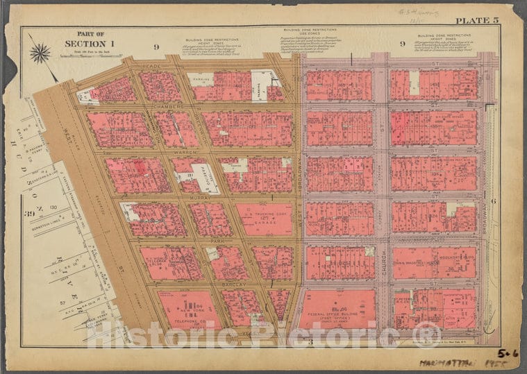 Historic 1955 Map - Plate 5, Part Of Section 1: [Bounded By Reade Street, Broadway, Vintage Wall Art