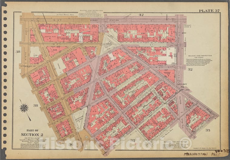Historic 1955 Map - Plate 37, Part Of Section 2: [Bounded By W. 14Th Street, Seventh - Vintage Wall Art