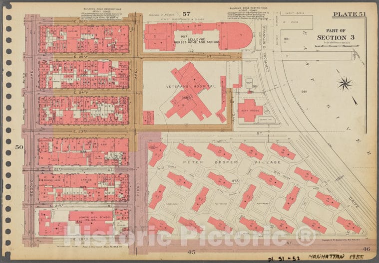 Historic 1955 Map - Plate 51, Part Of Section 3: [Bounded By E. 26Th Street, First A - Vintage Wall Art