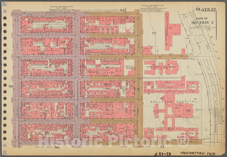 Historic 1955 Map - Plate 57, Part Of Section 3: [Bounded By E. 32Nd Street, First A - Vintage Wall Art