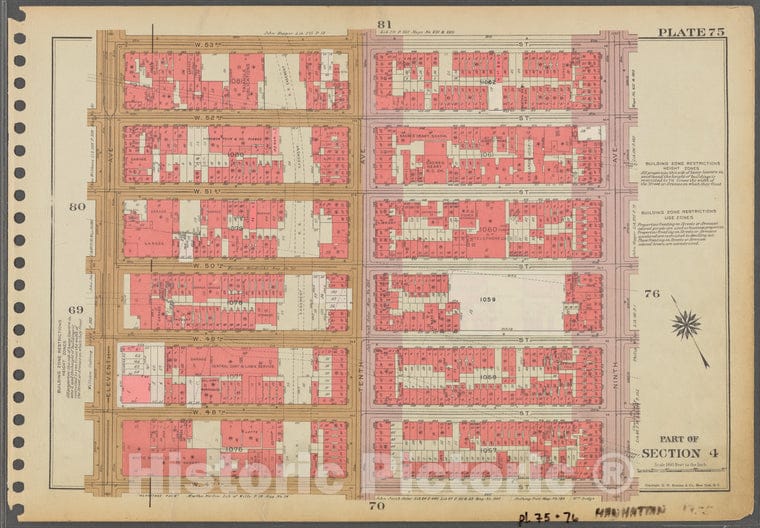 Historic 1955 Map - Plate 75, Part Of Section 4: [Bounded By W. 53Rd Street, Ninth A - Vintage Wall Art