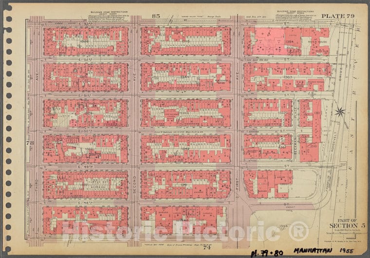 Historic 1955 Map - Plate 79, Part Of Section 5: [Bounded By E. 53Rd Street, (East R - Vintage Wall Art