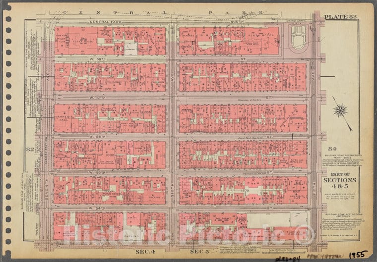 Historic 1955 Map - Plate 83, Part Of Sections 4 & 5: [Bounded By Central Park South - Vintage Wall Art