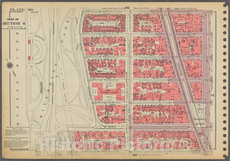 Historic 1955 Map - Plate 90, Part Of Section 4: [Bounded By W. 77Th Street, Amsterd - Vintage Wall Art