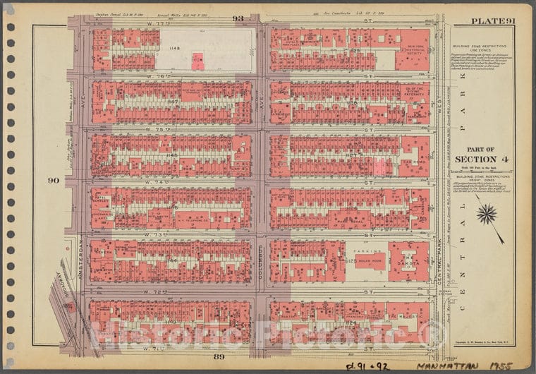 Historic 1955 Map - Plate 91, Part Of Section 4: [Bounded By W. 77Th Street, Central - Vintage Wall Art
