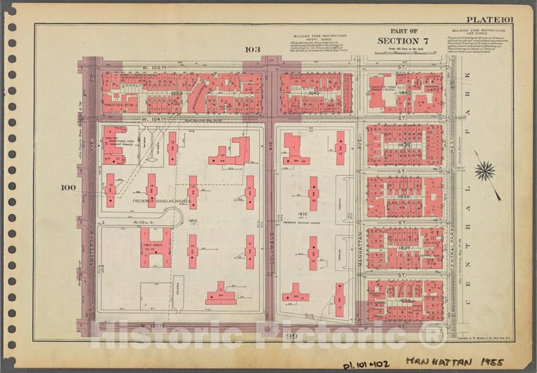 Historic 1955 Map - Plate 101, Part Of Section 7: [Bounded By W. 105Th Street, Centr - Vintage Wall Art