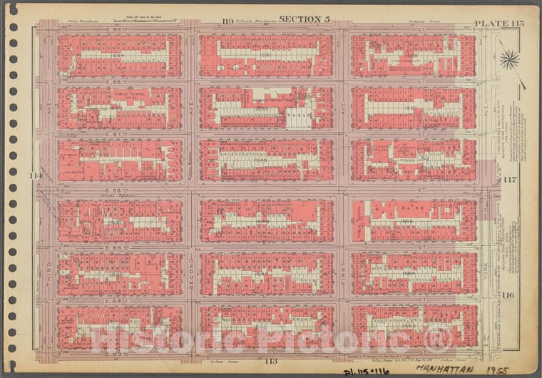 Historic 1955 Map - Plate 115, Part Of Section 5: [Bounded By E. 89Th Street, York A - Vintage Wall Art