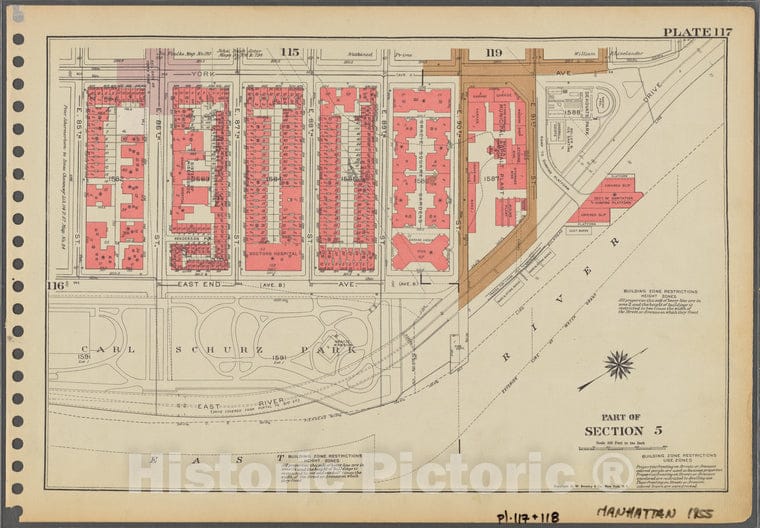 Historic 1955 Map - Plate 117, Part Of Section 5: [Bounded By York Avenue, E. 91St S - Vintage Wall Art