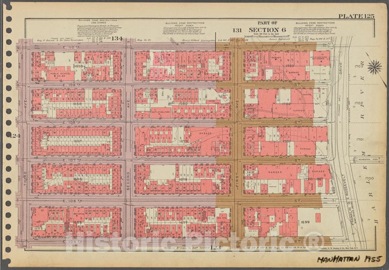 Historic 1955 Map - Plate 125, Part Of Section 6: [Bounded By E. 110Th Street, (Harl - Vintage Wall Art