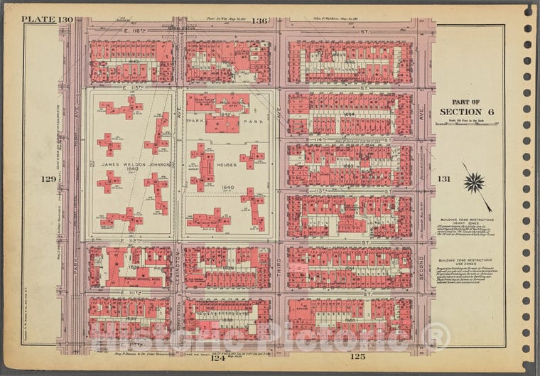 Historic 1955 Map - Plate 130, Part Of Section 6: [Bounded By E. 116Th Street, Secon - Vintage Wall Art